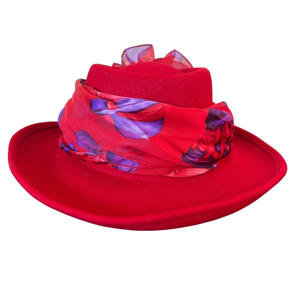SS Red 100% Wool Fedora Hat Floral Scarf Chiffon Flower Accent Wide Brim